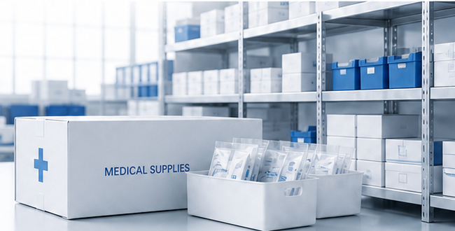 Organized medical supplies in a distribution facility